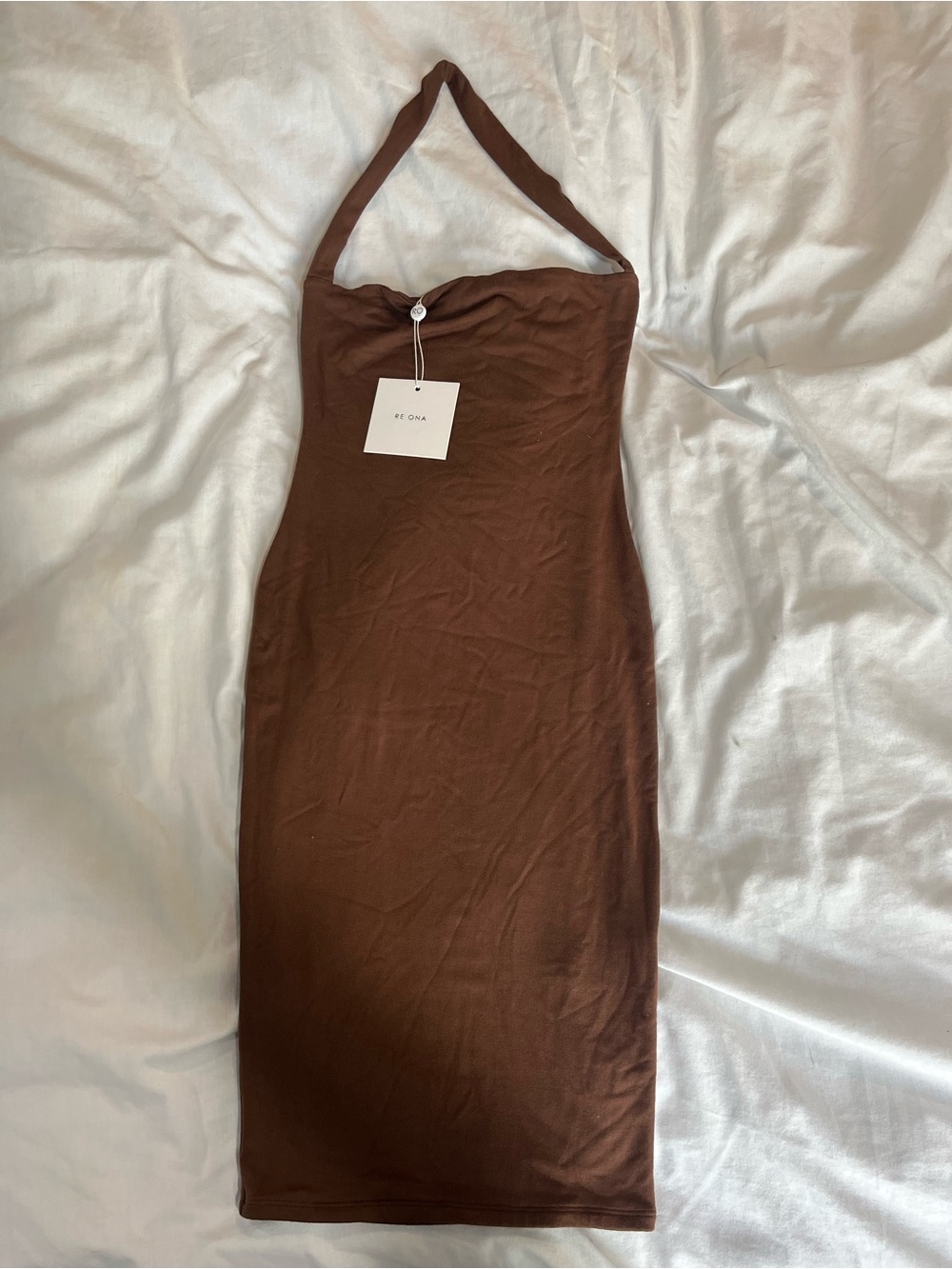 NWT RE ONA Chocolate Brown Halterneck Midi Dress - Small